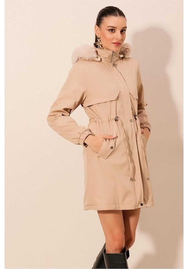 Gabria Kapüşonlu Kaban Bej