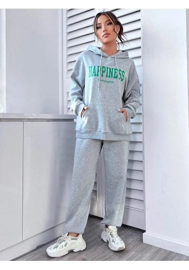 Meilifeng Kadın Gri Happiness Alt Üst Eşofman Takımı Oversize Kapüşonlu Gri