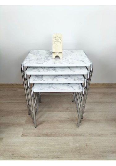 Evko Mobilya Buket Sehpa, 4'lü Zigon Sehpa, Dörtlü, Krom-b.mermer