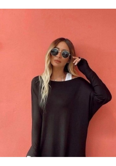 Tua Moda Kadın Uzun Kollu Tek Omuzdan Açık Çilek Bluz Ve Viskon Atlet Ikili Takım Siyah