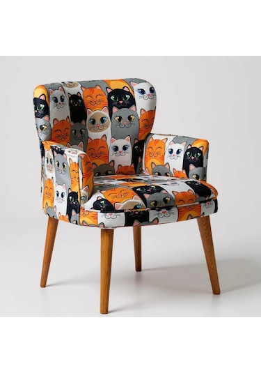 Roma Modern Tekli Koltuk Berjer - Dijital Baskılı Kumaş - Ahşap Ayak - Kedili 1 Kedili - 1