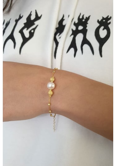 925 Ayar Gümüş Altın Kaplama Sim Dorika Toplu Inci Kadın Bileklik