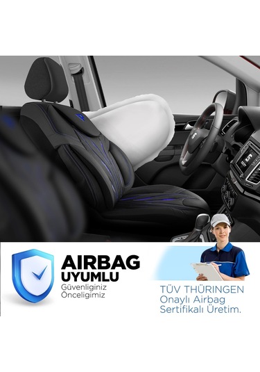 Panda Pars Serisi Deri Oto Koltuk Kılıfı - Siyah - Mavi