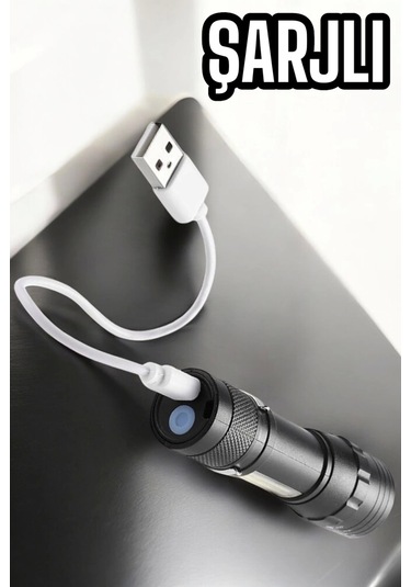 Şarjlı Metal Zoomlu El Feneri Işıldak Led Işık Taşınabilir El Lambası