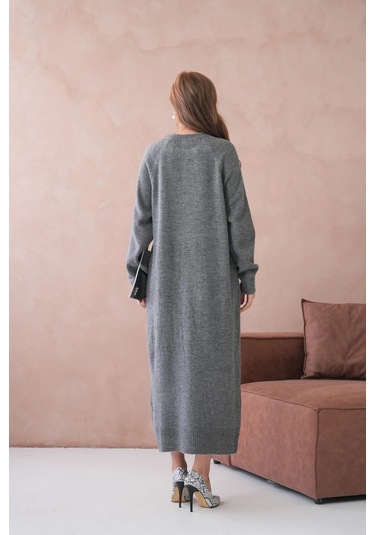 Kadın Bisiklet Yaka Yumuşak Dokulu Maksi Boy Şardonlu Oversize Triko Elbise 8324sw Antrasit