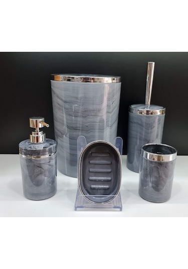 Mercan Akrilik Yuvarlak Banyo Seti 5'li Antrasit Gri Mermer Gümüş Kromaj Gri