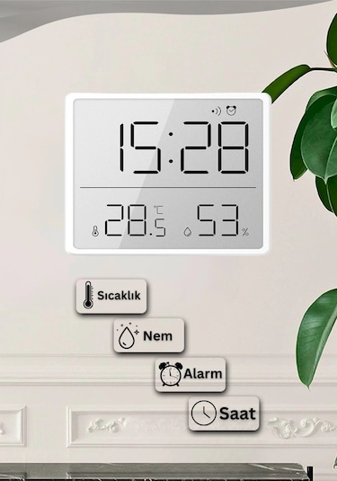 Dijital Oda Termometre Sıcaklık Ve Nem Ölçer Masa Saati Alarm Lcd Ekran Duvara Takılır Beyaz Çok Renkli