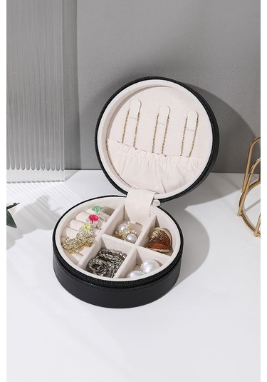 Chavin Siyah Deri Seyahat Yüzük Küpe Kolye Takı Kutusu St1-68sy