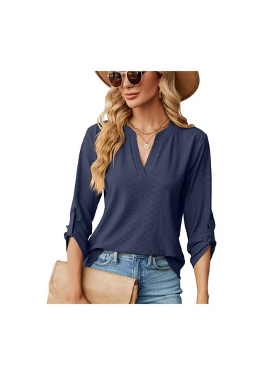 Sones Düz Renk Jakarlı V Yaka Düğmeli Üç Çeyrek Kol Bol Tişört Üst Lacivert