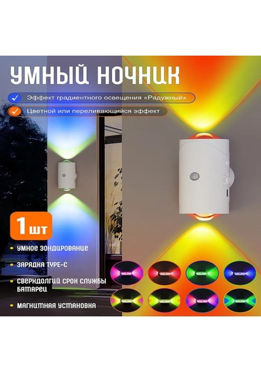 Hombey Rgb Hareket Sensörlü Akıllı Gece Lambası, Otomatik Açma/kapama, Renk Degrade Efekti, Type-c Şarj, Beyaz Beyaz