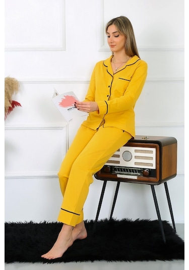 Akbeniz Kadın Pamuk Penye Önden Düğmeli Uzun Kol Sarı Pijama Takım 2782-sarı Sarı