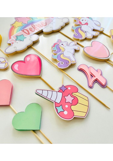 Unicorn Temalı İsme Özel Kız Çocuk Doğum Günü Pasta Süsü Seti