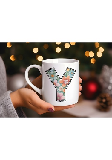 Y Harfli Pastel Çiçek Desenli Kahve Kupası - Kişiye Özel Çiçekler Koleksiyonu Bardak - Hediye Beyaz