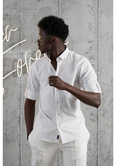 Advante Kalın Çizgili Katlamalı Kol Yaka Düğmeli Slimfit Pamuklu Yazlık Gömlek 001