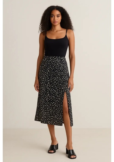 Kev Yazlık Yırtmaçlı Midi Etek 446077333 Siyah Melanj