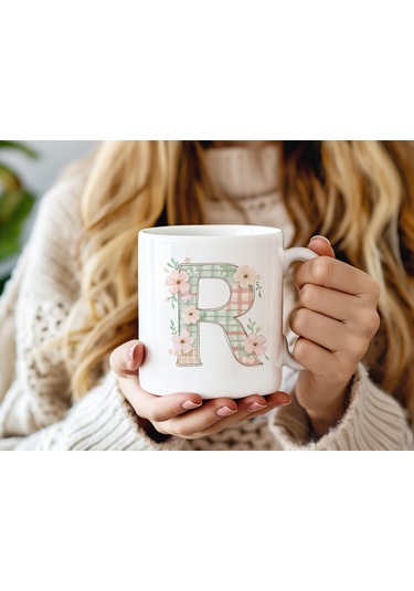 R Harfli Çiçek Desenli Kupa Bardak - Ekose Desenli Yeşil Pembe Desenli Tasarım - Kişiye Özel Hediye Beyaz
