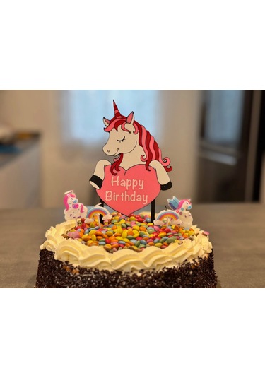 Unicorn Doğum Günü Pasta Süsü - Happy Birthday Yazılı Kız Çocuk