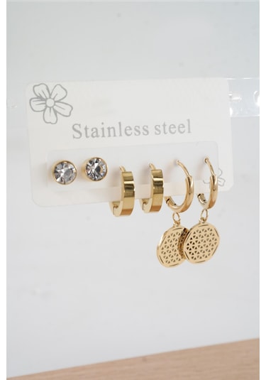 Kadın 316 L Paslanmaz Çelik Kararmaz 6'lı Küpe Seti S0004