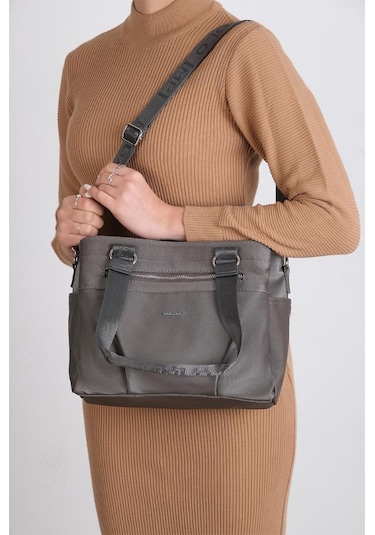 Kadın Omuz Çantası Saten Kumaş 35 25 Cm Çapraz Askılı Postacı Çanta Mega Bag Vegan Deri Kol Çantası Gri