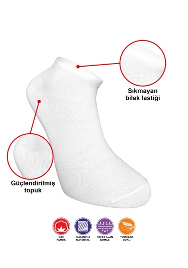 10 Çift Desensiz Düz Sade Erkek Patik Pamuk Beyaz Çorap - Bilek B Beyaz