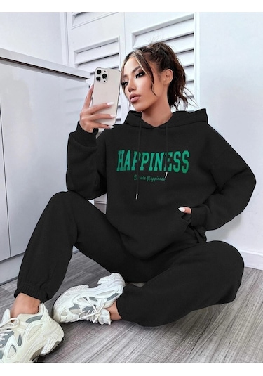 Happiness Eşofman Takımı Sweatshirt Jogger - Siyah Baskılı Oversize Şardonlu Kapüşonlu Siyah