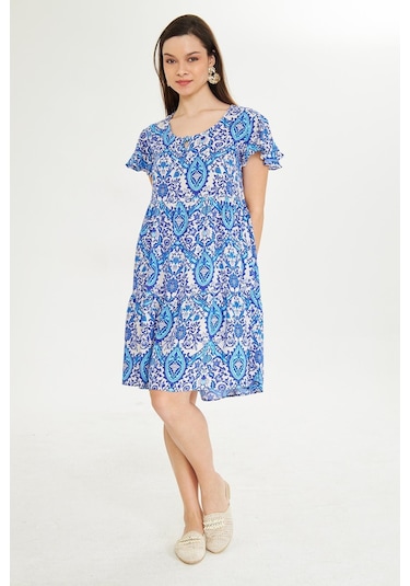 Mavi Yuvarlak Yakalı Kısa Mendil Kol Etnik Otantik Desenli Rahat Kesim A-line Kısa Elbise Mavi-beyaz