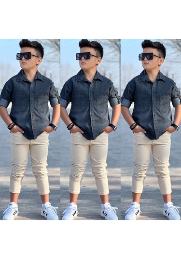 Modavals Tensel Denim Gömlek Gabardin Pantolon Erkek Çocuk Alt & Üst Takım Siyah