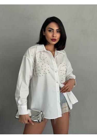 Kadın Taşlı Premium Kalite Uzun Kollu Oversize Gömlek Beyaz