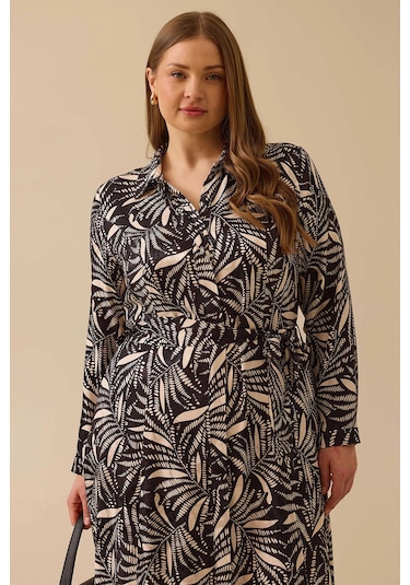 Galaxi Kadın Büyük Beden Desenli Kuşaklı Saten Elbise 4016 Siyah Siyah