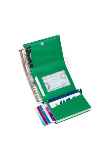 Tuldar Erkek Rfıd Otomatik Çekim Koruyucu Mekanizmalı Kağıt Para Bölmeli Hediyelik Kartlık Cüzdan Tul605 - Yeşil