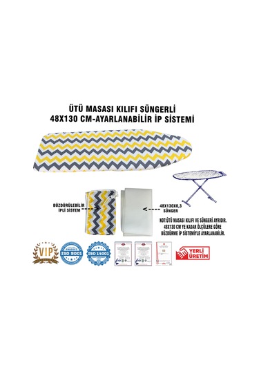 Ütü Masası Kılıfı Vip 48x130 Cm-süngerli Ütü Bezi Ütü Masası Bezi-sarı Gri Zikzak Çok Renkli