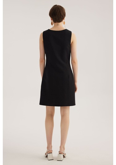 Stella Pulvis Siyah Keten Karışımlı Kare Yaka Kolsuz Mini Elbise