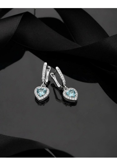 925 Ayar Akuamarin Taşlı Rodyum Pırlanta Işıltılı Sallantılı Kalp Gümüş Küpe Gümüş