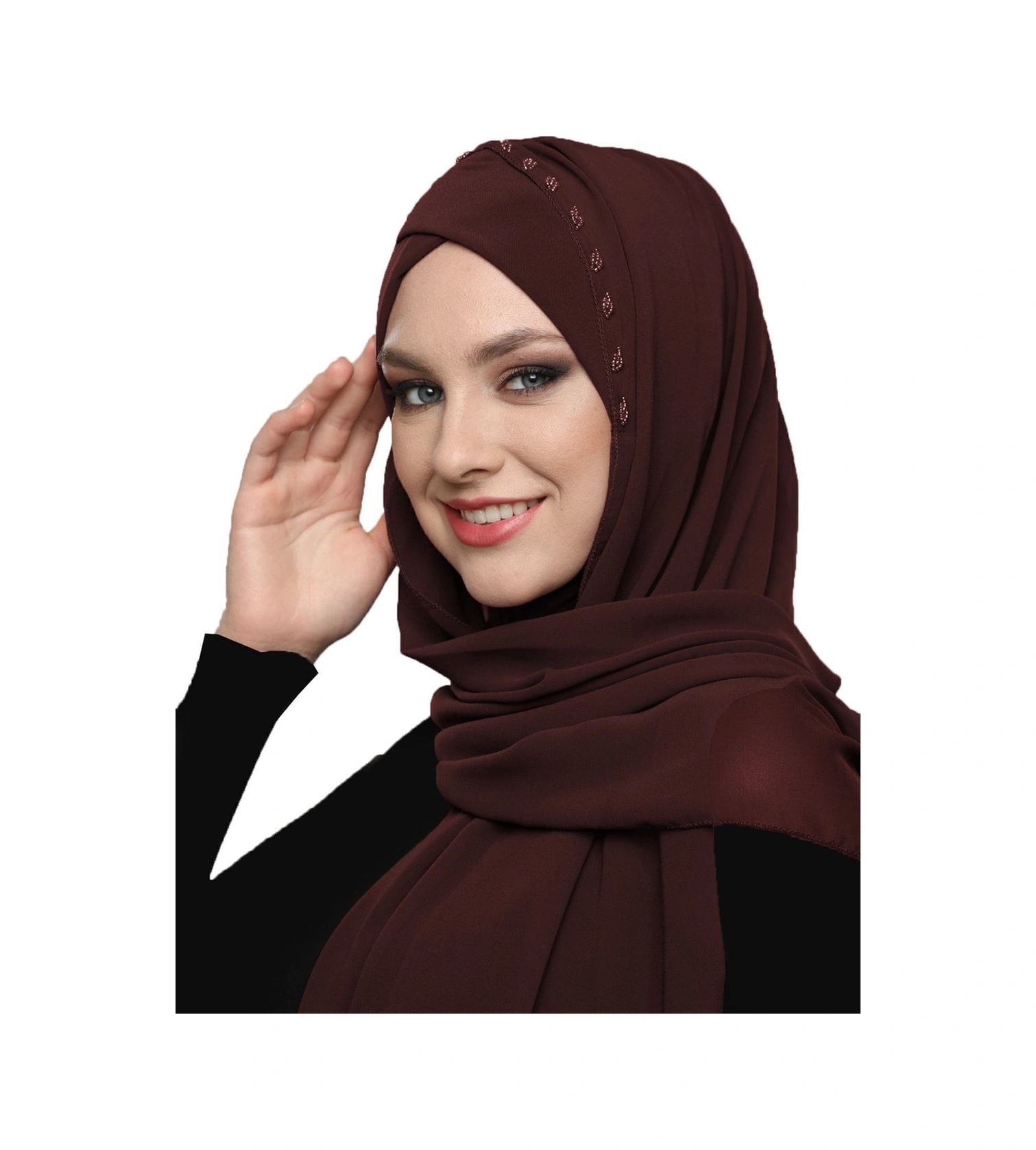 Şallı Takmatik Taşlı Kahve Hazır Türban Tesettür Bone Namaz Örtüsü Kahve