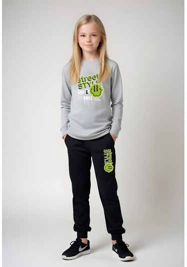 Fyk Kids Bel Detayi Lasti Kli Street Yazı Baskılı Kız Çocuk Alt-üst Takim Gri