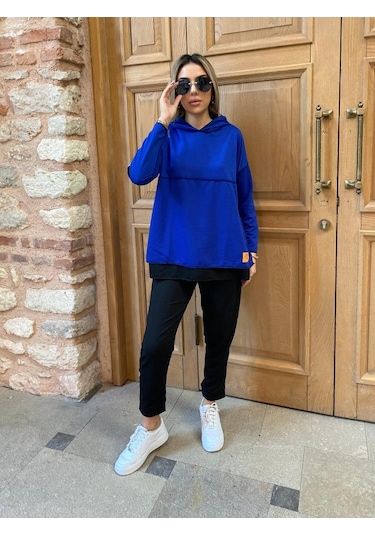 Modaserdem Kadın Kapşonlu Etek Ucu Detay Armalı Ters Dikiş Gorunumlu Ikili Takım Mavi