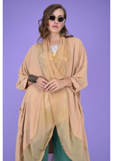 Italyan Ipek Detaylı Oversize Kaftan & Bluz-8711 Açık Camel