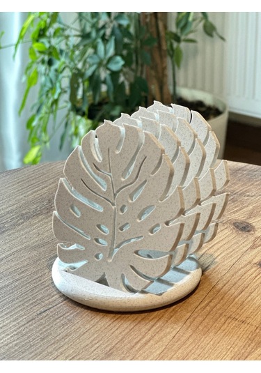 Monstera Modern Dekoratif Bardak Altlığı 4'lü Set Ve Standı - Mermer Beyazı Mermer