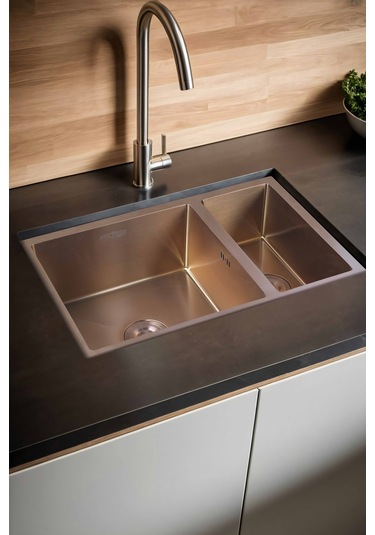 Uka Serisi %100 Krom 70x45 Paslanmaz Mutfak Eviyesi, Mutfak Lavabosu Sifon Dahil Bronz