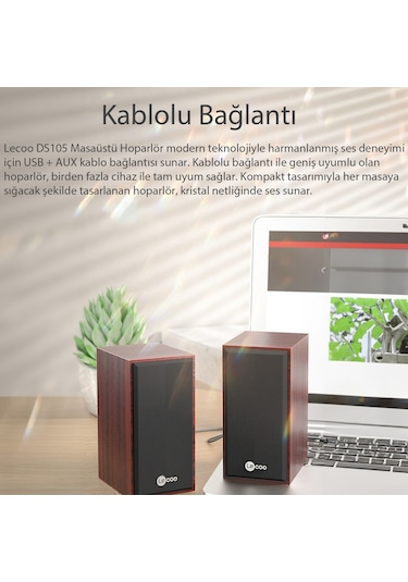 Lecoo DS105 Kablolu USB + 3.5mm Jack Girişli 6W Stereo Masaüstü Ahşap Hoparlör
