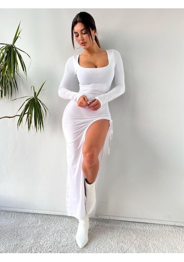 Beyaz Kriptografik İpli Bacak Dekolteli Maksi Elbise Beyaz