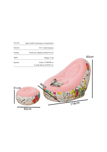 Snapbuy Şişme Koltuk, Ayak Dayamalı, İç Dış Mekan Kullanımına Uygun, Kadife Kaplamalı Berjer 2'li Set Pembe