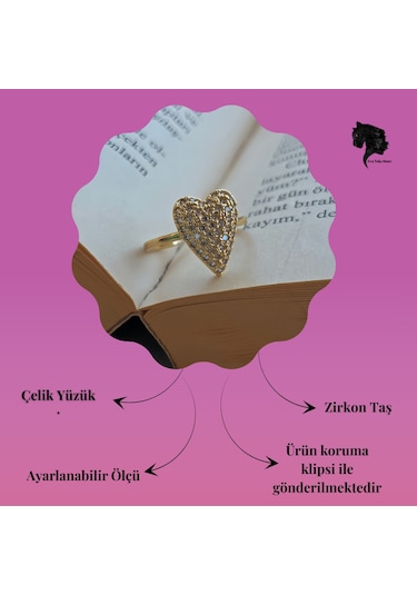 Ayarlanabilir Kalp Model Zirkon Taşlı Gold Renk Çelik Yüzük Altın
