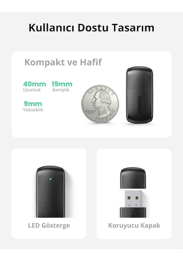 Ugreen 20204 Ac650 2.4 Ve 5Ghz Dual Band Usb Wi-Fi Ağ Adaptörü. S