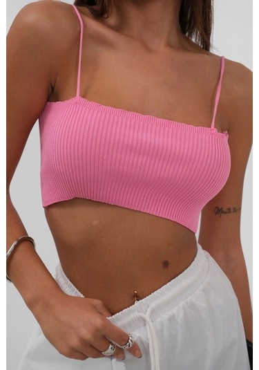 İnce Askılı Crop Top Pembe