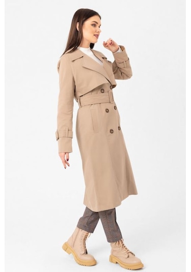 Pastelastore %100 Pamuk Gabardin Uzun 110cm Astarlı Kemerli Kadın Trençkot 1111 Yeni Bej
