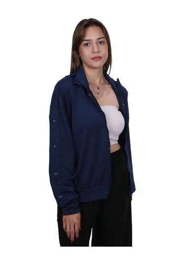 Kadın Modal Kumaş Dik Yaka Rahat Kalıp Lacivert Ceket Hırka Lacivert
