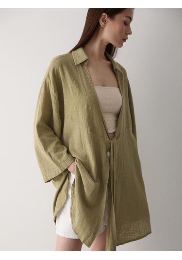 Haki Flam Keten Kimono Gömlek Haki
