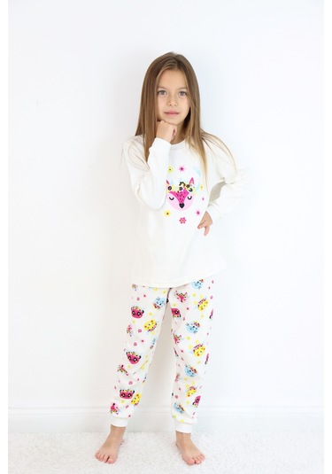 Kız Çocuk Orta Kalınlıkta Basic Baskılı Pijama Takımı Ekru