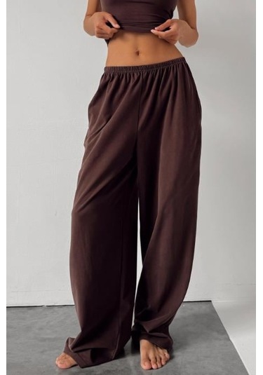 Kahverengi Geniş Paça Basic Kadın Eşofman Altı Mg2553 Kahverengi